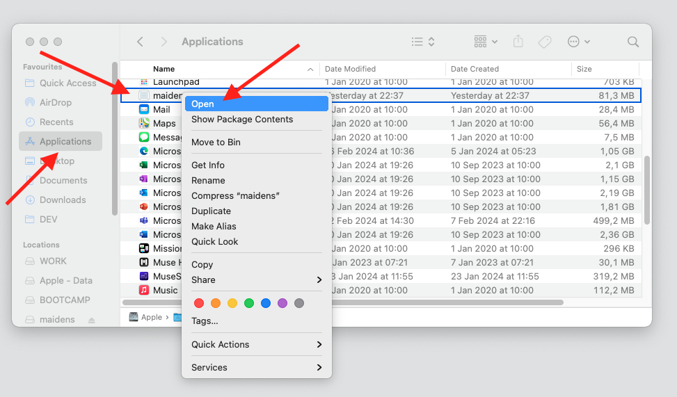 File "maidens" in Application folder, right-clicked to select "Open"