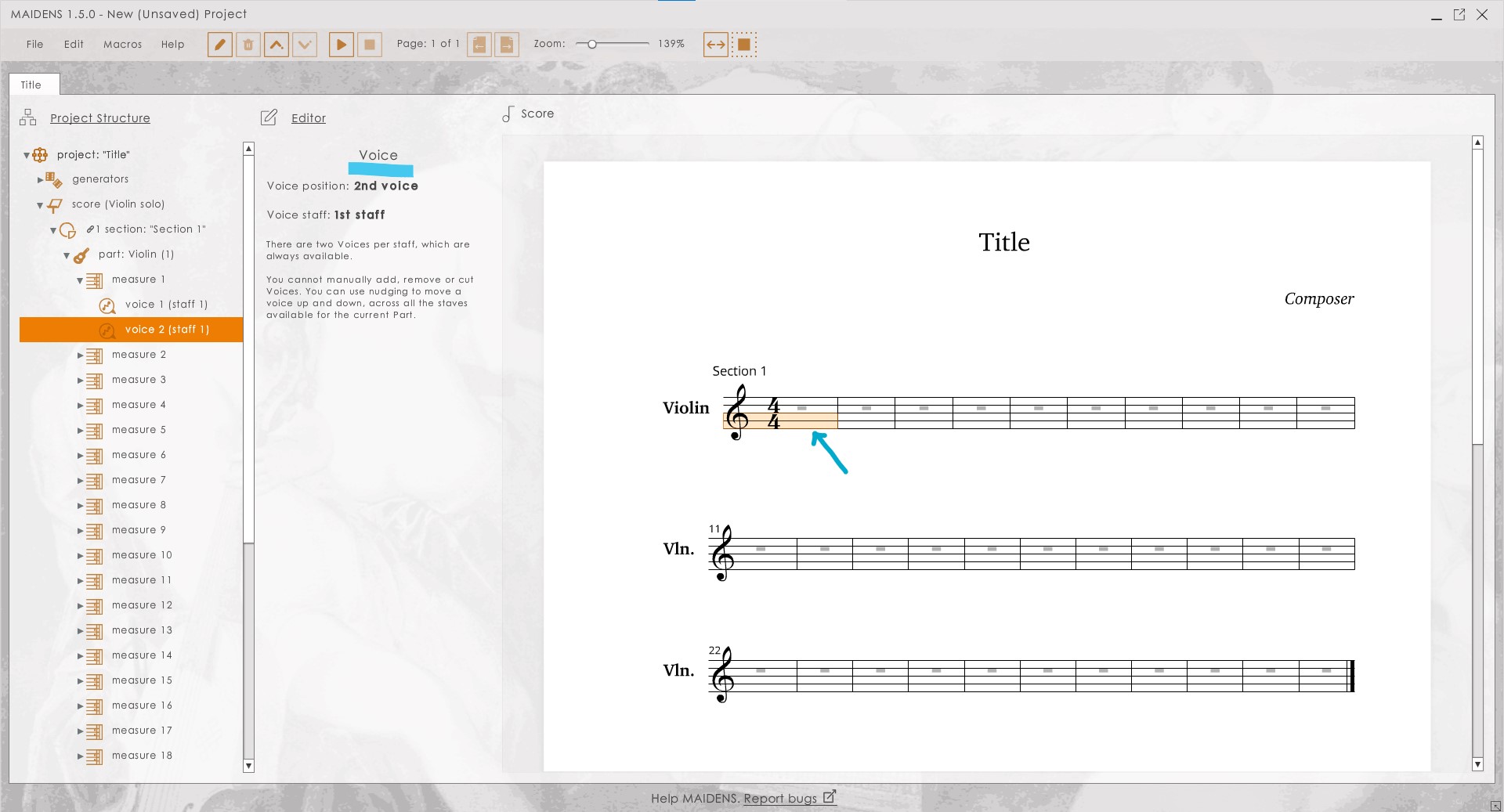 MAIDENS with the second Voice of the first Measure of a Violin Part selected.