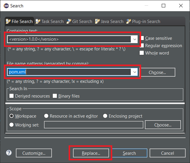 Search for the version numbers in all pom.xml's