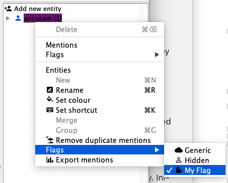 Context menu to mark an entity with a flag