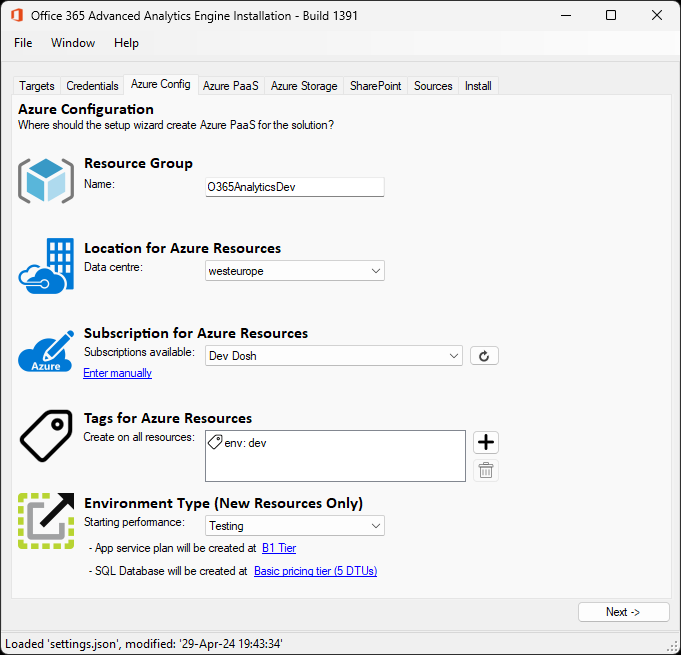 Azure Config tab