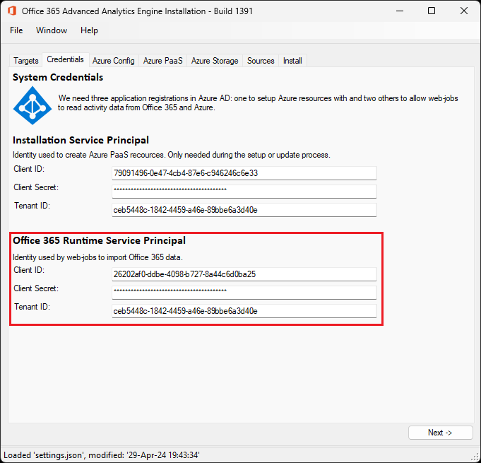 Credentials tab in the installer